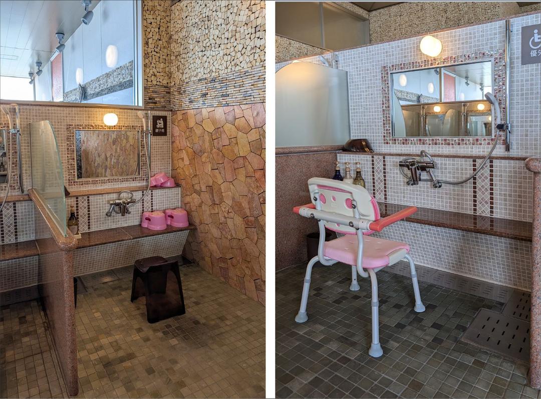 大浴場ユニバーサル洗場あり。シャワーチェアーは大浴場備え付け(男女湯とも出入口段差なし)